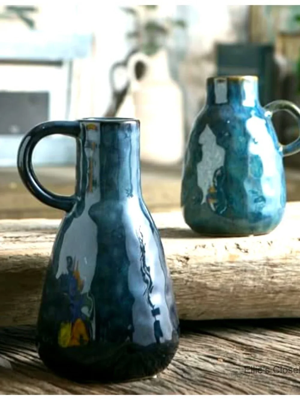 Blue Glazed Ceramic Vase Set of 2 with Handles, Farmhouse Decor, Centerpiece